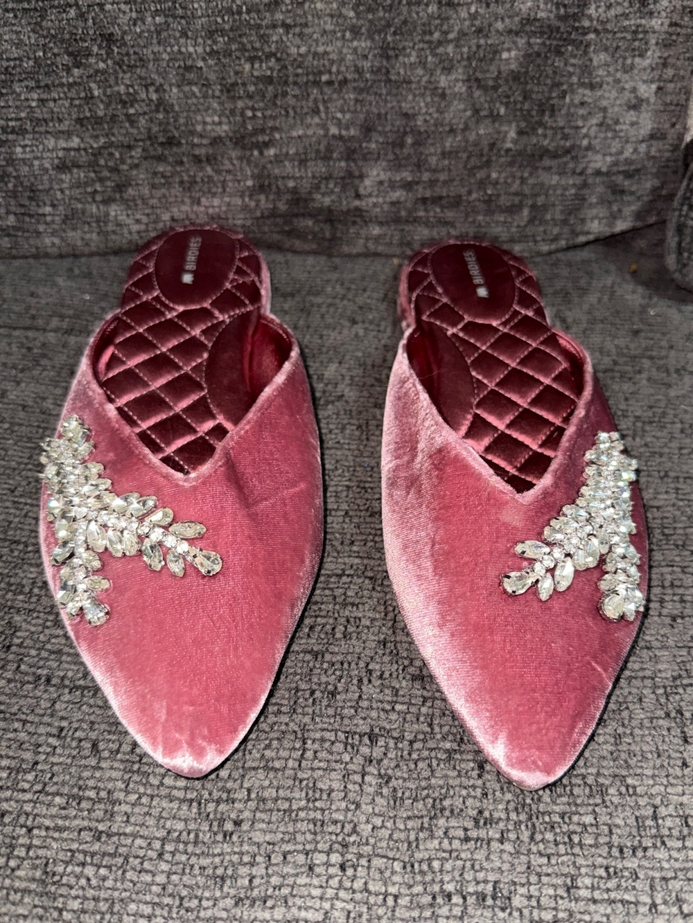 Birdies Velvet Pointed Slip-On Mules with Crystal Embellishment - Mauve Pink